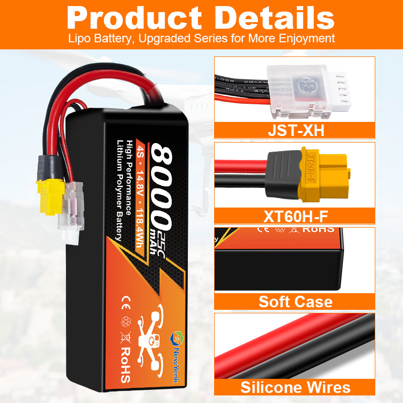 NouvelleYenk 4S 8000mAh 14.8V 25C XT90 Batterie LiPo – Ultra-Capacité Énergie pour Drones FPV, Photographie Aérienne et Avions RC