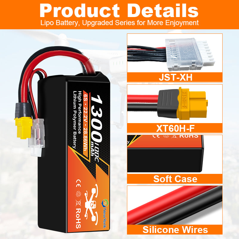 Yattox 6S 1300mAh 22.2V 100C FPV With XT60 100% LCO Lipo Battery