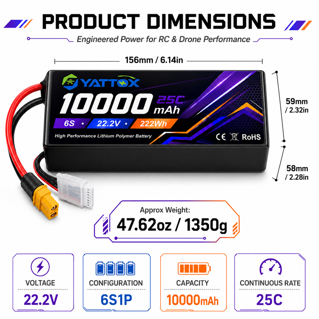 NouvelleYenk 6S 10000mAh 22.2V 25C Batterie LiPo – Puissance Ultra-Capacité pour Drones FPV, Photographie Aérienne et Avions RC