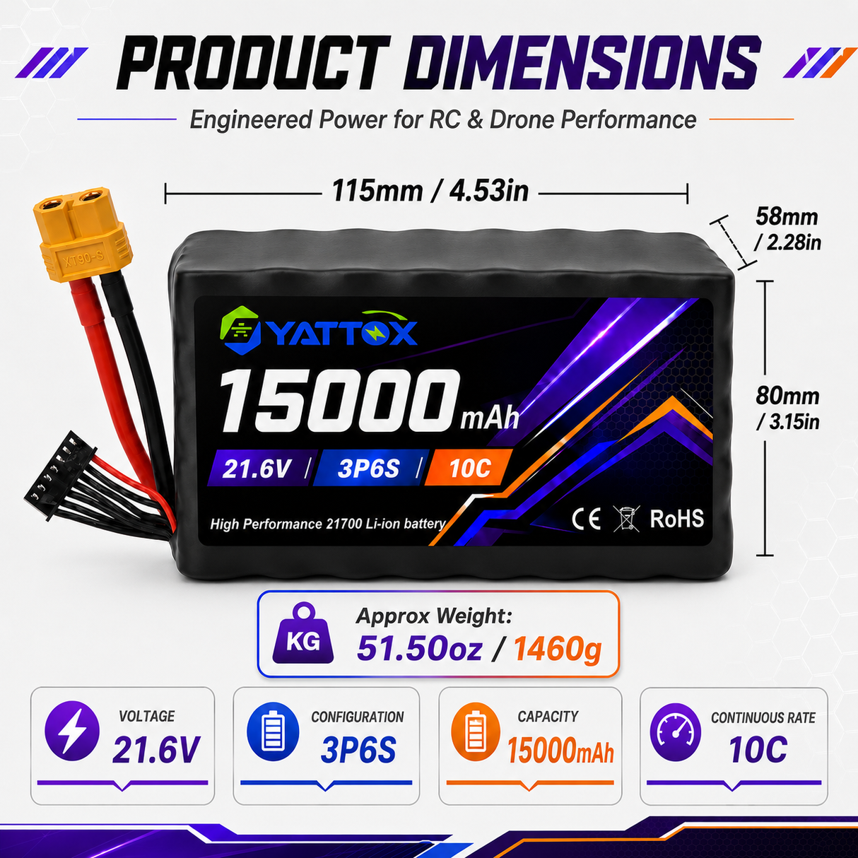 Yattox 3P6S 15000mAh 21.6V 10C 21700 Li-ion Battery