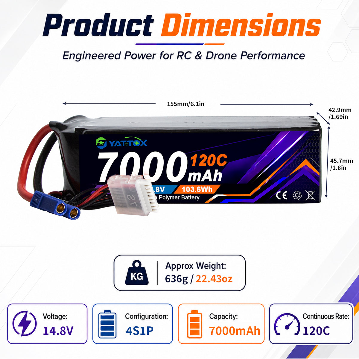 Yattox 4S 7000mAh 60C 100%LCO Lipo Battery
