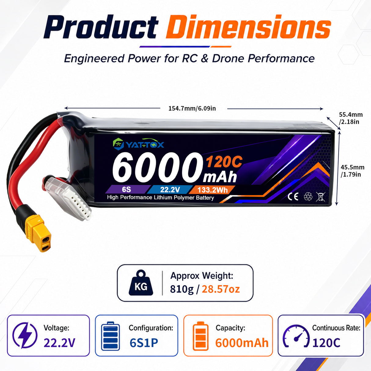 Yattox 6000mAh 6S 120C 100% LCO Lipo Battery With XT60/XT90/EC5 Plug