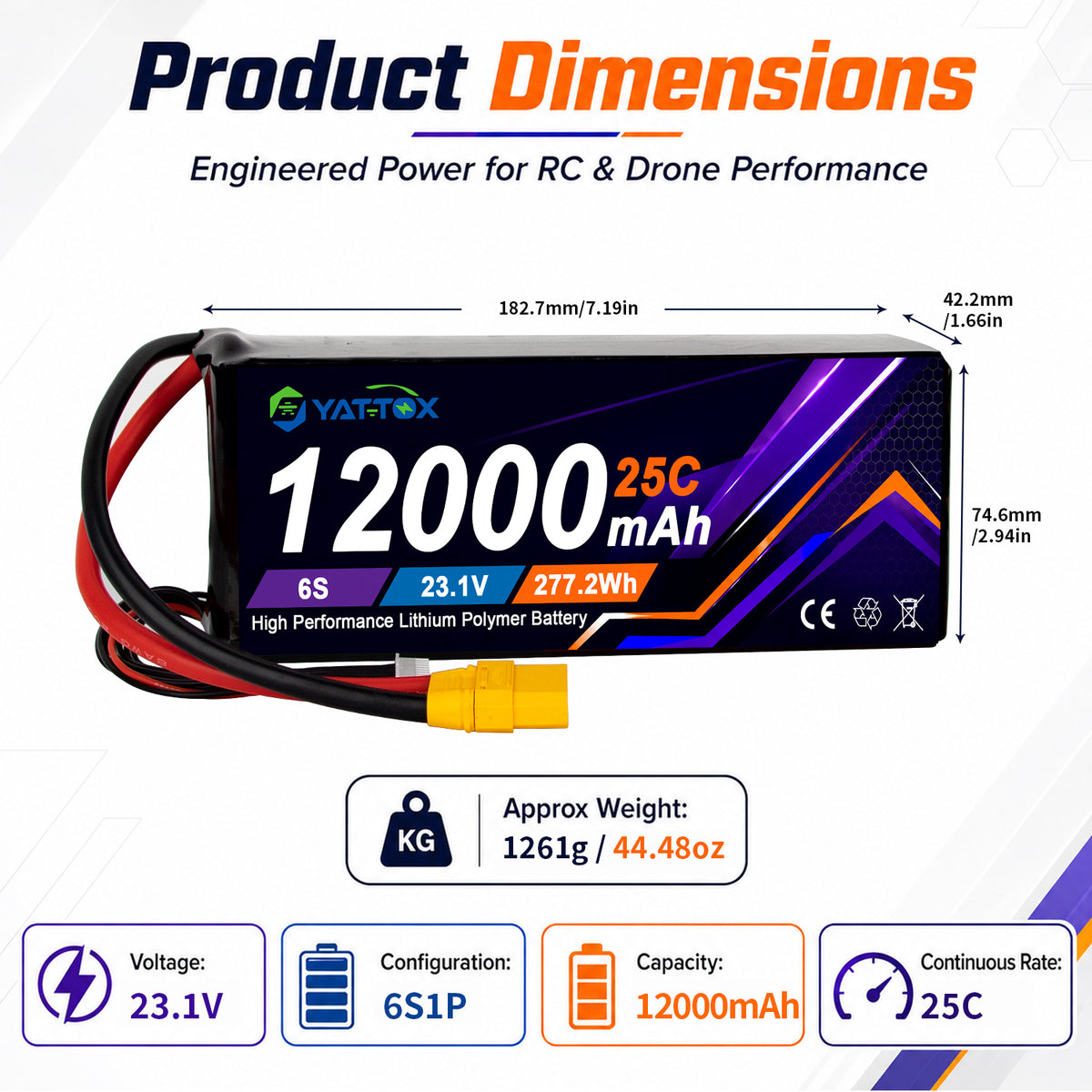 Yattox 6S 12000mAh 25C 300A Continuous current 100%LCO Lipo Battery