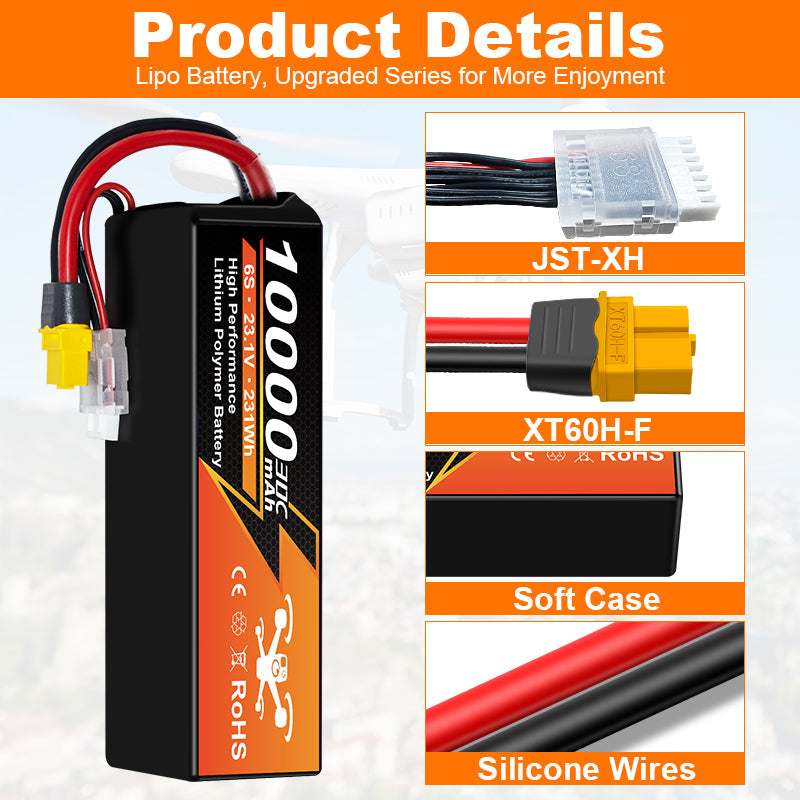 NouvelleYenk 6S 10000mAh 22.2V 30C Batterie LiPo XT90 / EC5 – Pack Ultra-Capacité Longue Durée pour Drones FPV, Photographie Aérienne et Avions RC