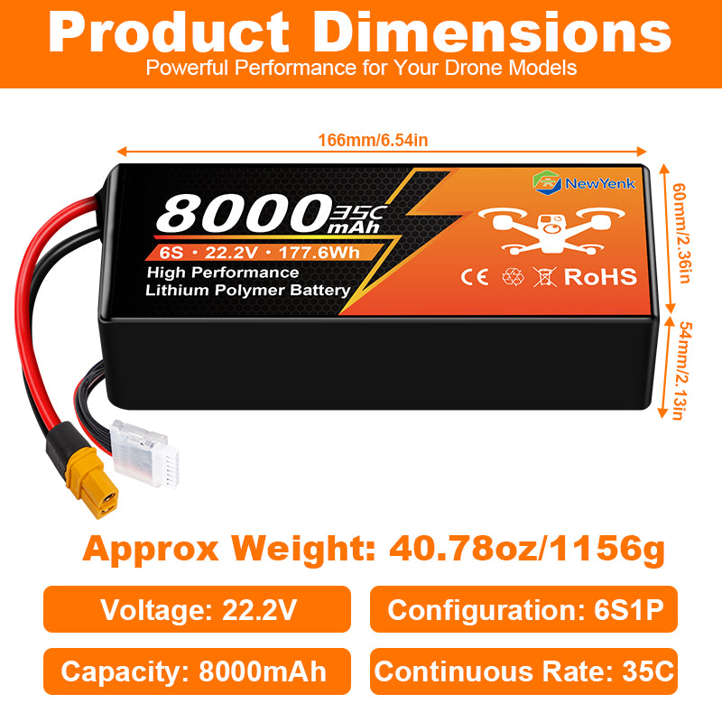 NewYenk 6S 8000mAh 22.2V 35C With EC5/XT90/XT60 LiPo Battery