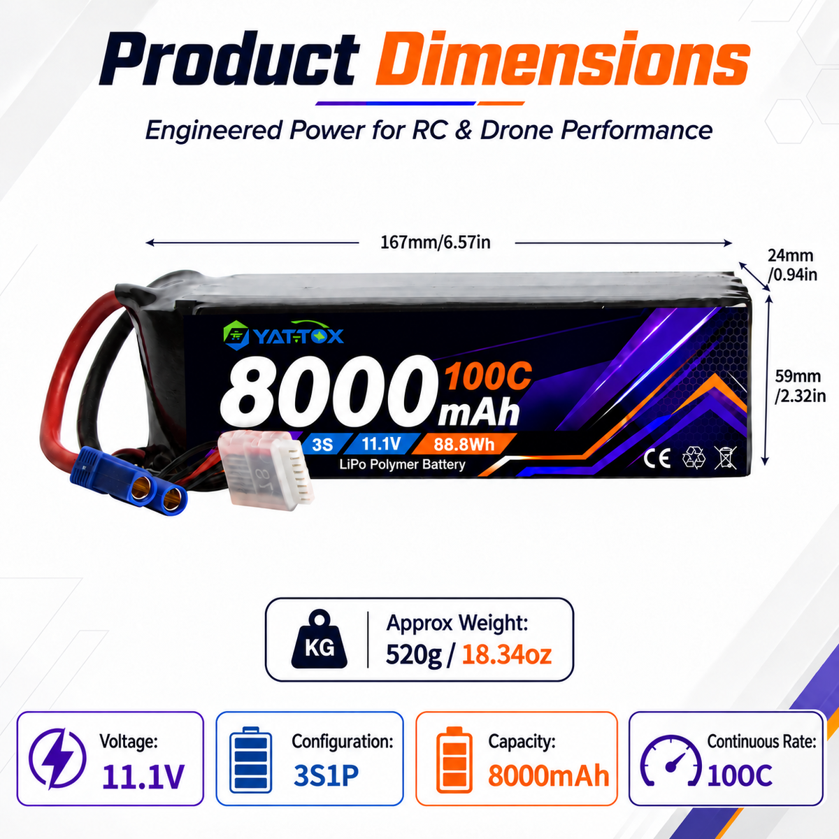 Yattox 3S 8000mAh 100C 100%LCO Lipo Battery