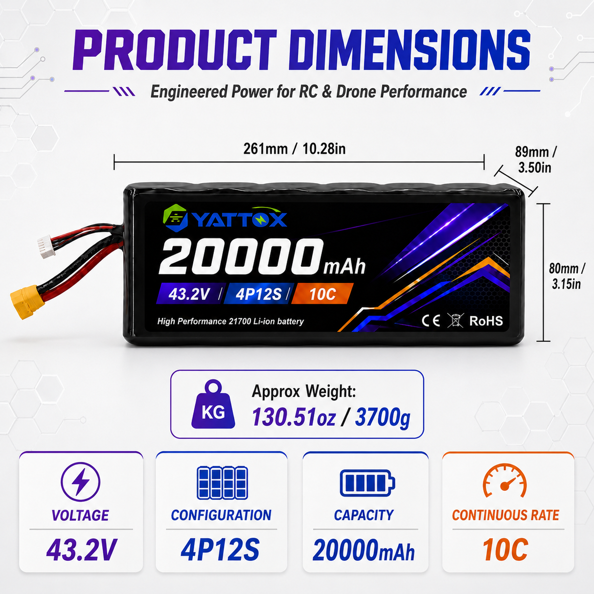 Yattox 12S4P 20000mah 43.2V 21700 Li-ion Battery