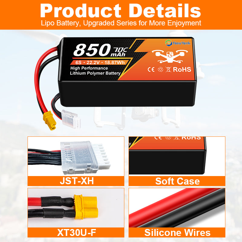 Yattox 6S 850mah 70C 100% LCO Lipo Battery with Xt30/XT60