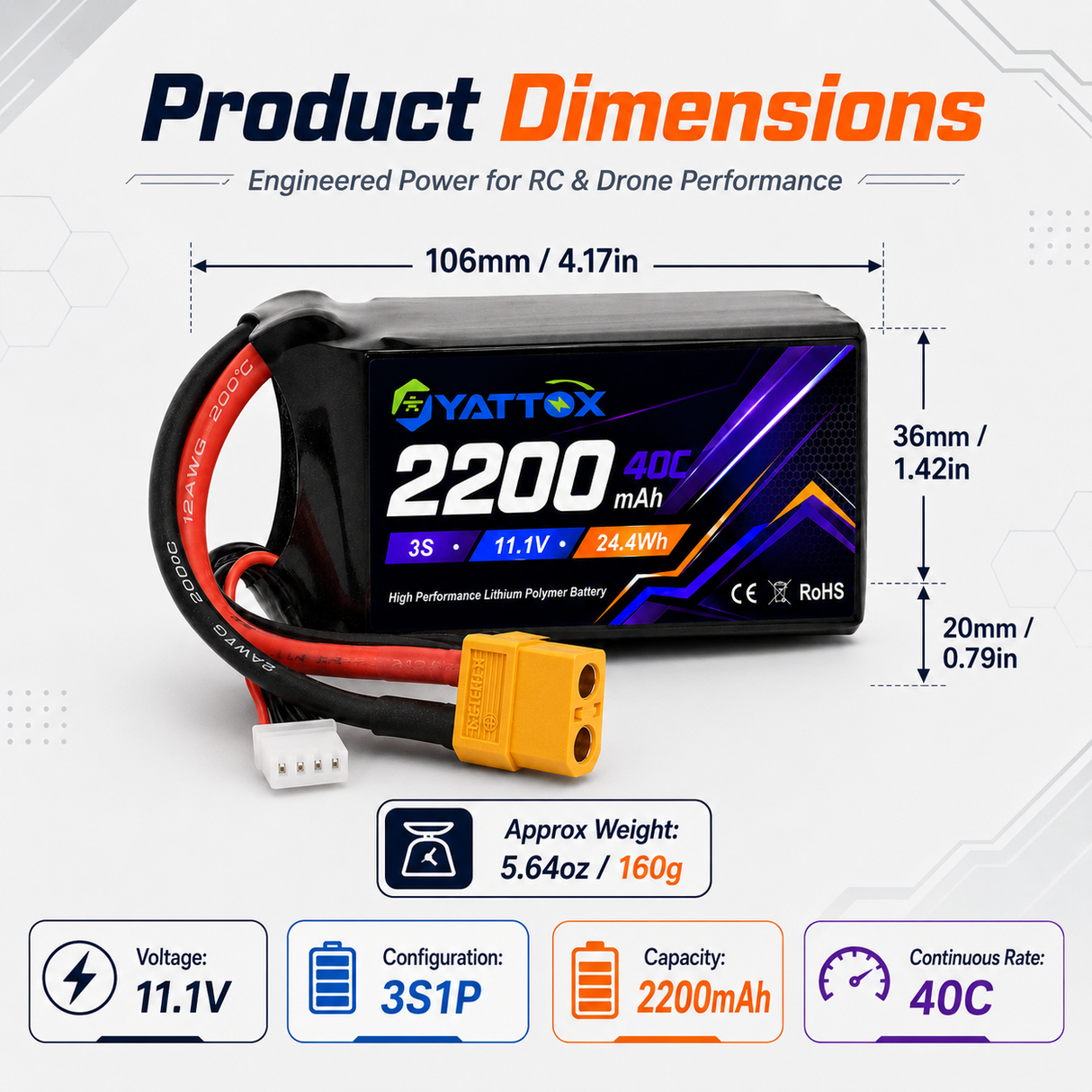 NewYenk 3S 2200mAh 11.1V 40C with XT30/XT60 100% LCO LiPo Battery