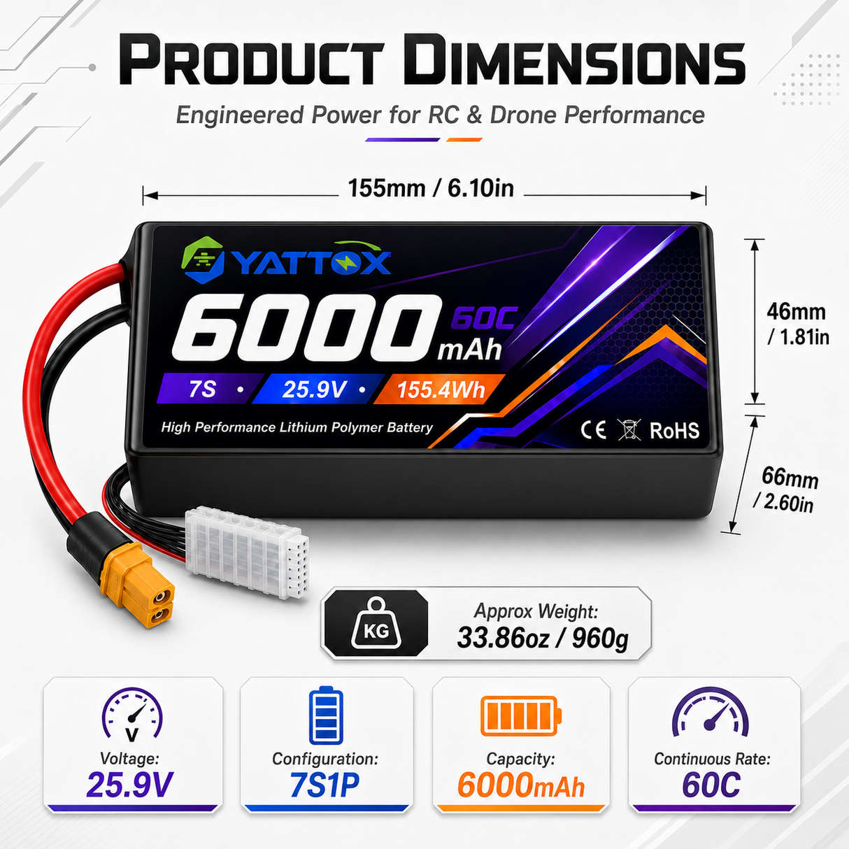 Yattox 7S 6000mAh 25.9V With EC5/XT90 60C 100% LCO LiPo Battery