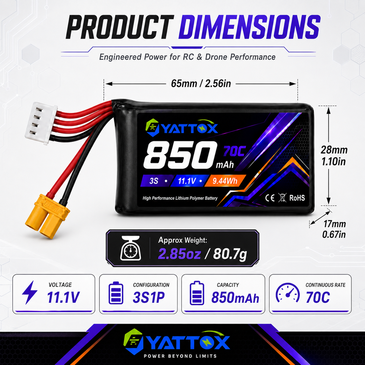 Yattox 3S 850mAh 70C 100% LCO Lipo Battery with XT60/XT30