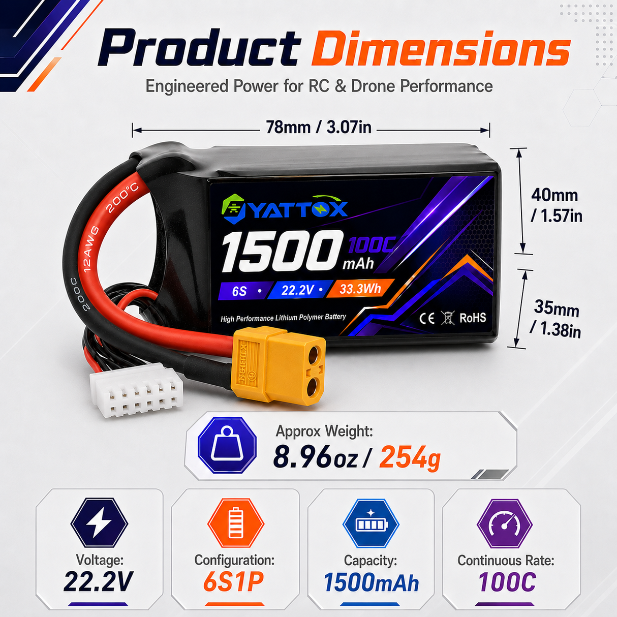 Yattox 1500mAh 6S 100C 100% LCO Lipo Battery With XT60 Plug