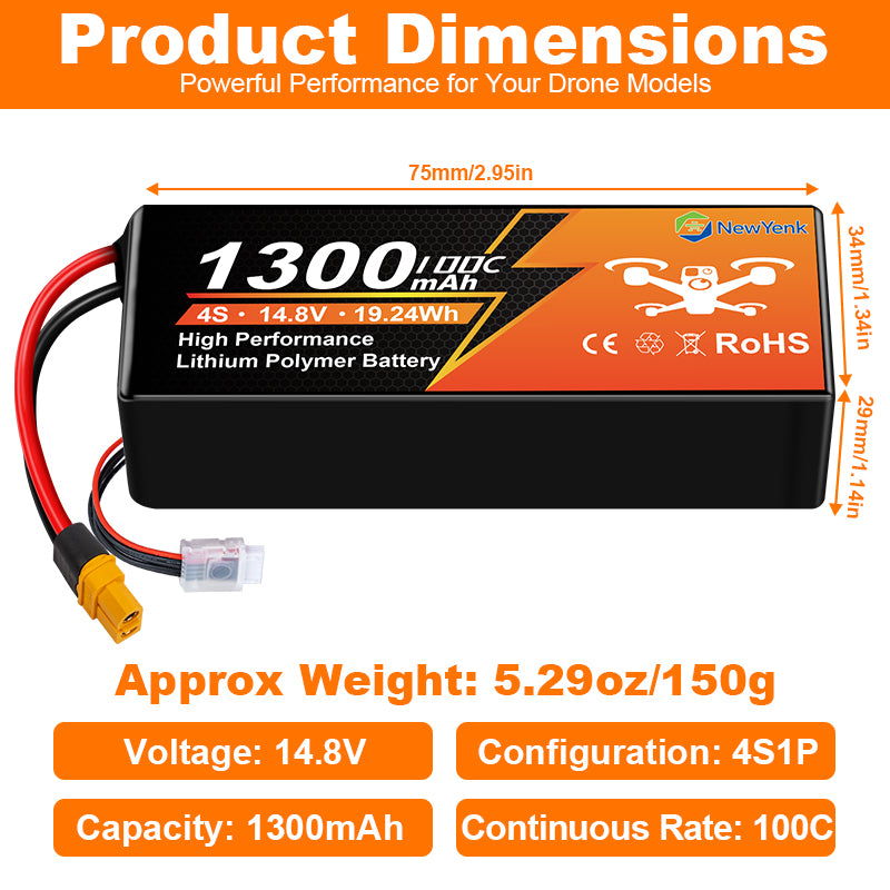 NewYenk 4S 1300mAh 14.8V 100C with XT60 100% LCO LiPo Battery