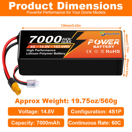 Yattox 4S 7000mAh 60C 100%LCO Lipo Battery