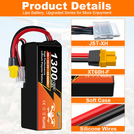 Yattox  6S 1300mAh 22.2V 100C FPV With XT60 100% LCO Lipo Battery
