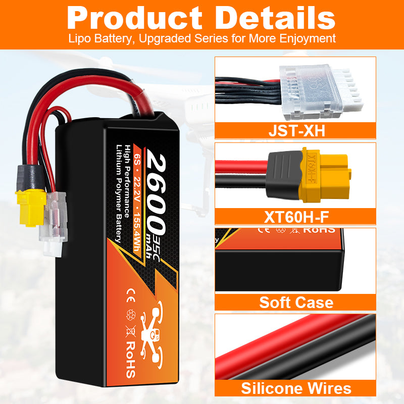 NewYenk 6S 2600mAh 22.2V 35C With XT60 100% LCO LiPo Battery