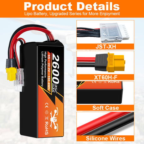 NewYenk 6S 2600mAh 22.2V 35C With XT60 100% LCO LiPo Battery