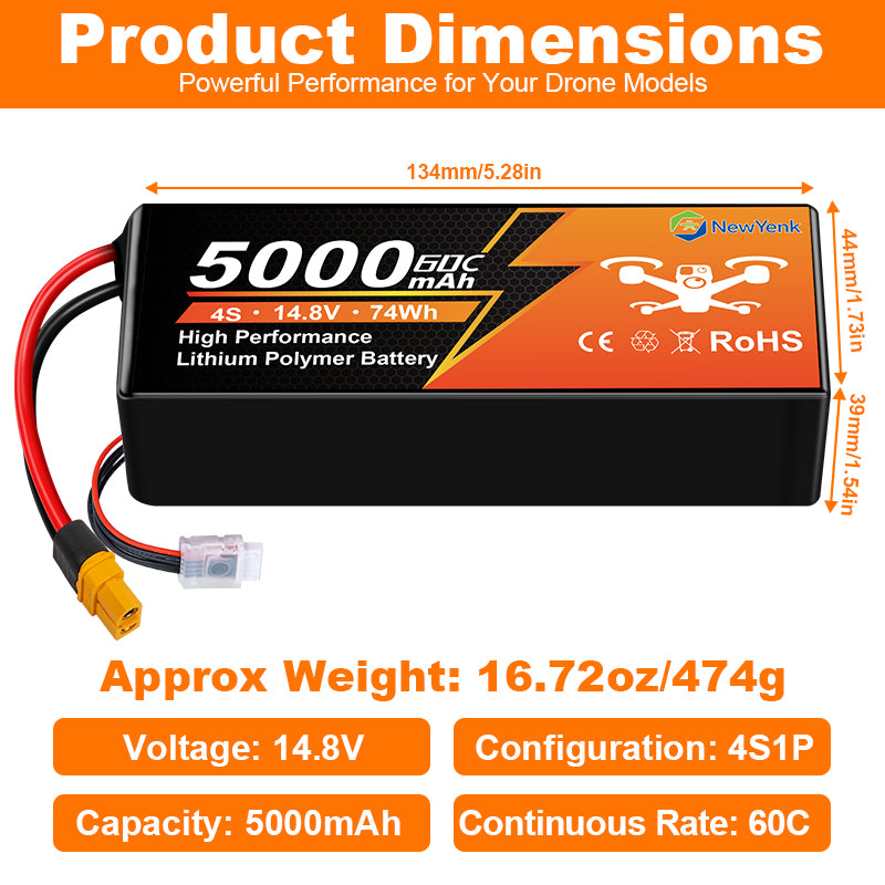 Yattox 4S 5000mAh 60C 100%LCO Lipo Battery