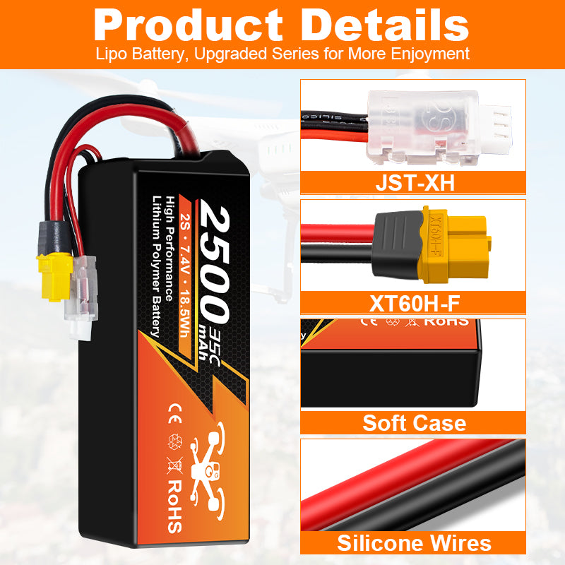 NewYenk 2S 2500mAh 7.4V 40C with XT60 100% LCO LiPo Battery for FPV Drones & RC Planes