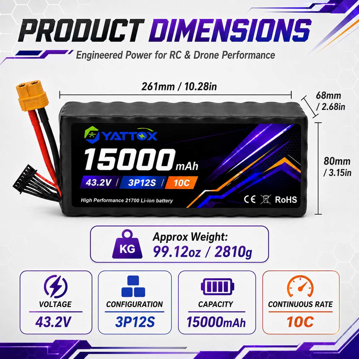 Yattox 3P12S 15000mAh 10C 21700 Li-ion Battery