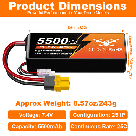 NewYenk 2S 5500mAh 7.4V 25C With EC5 100% LCO LiPo Battery