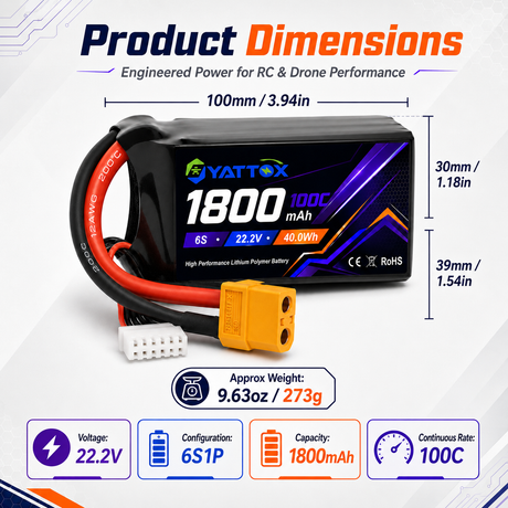 Yattox 6S 1800mAh 22.2V 100C With XT60 Plug 100% LCO LiPo Battery
