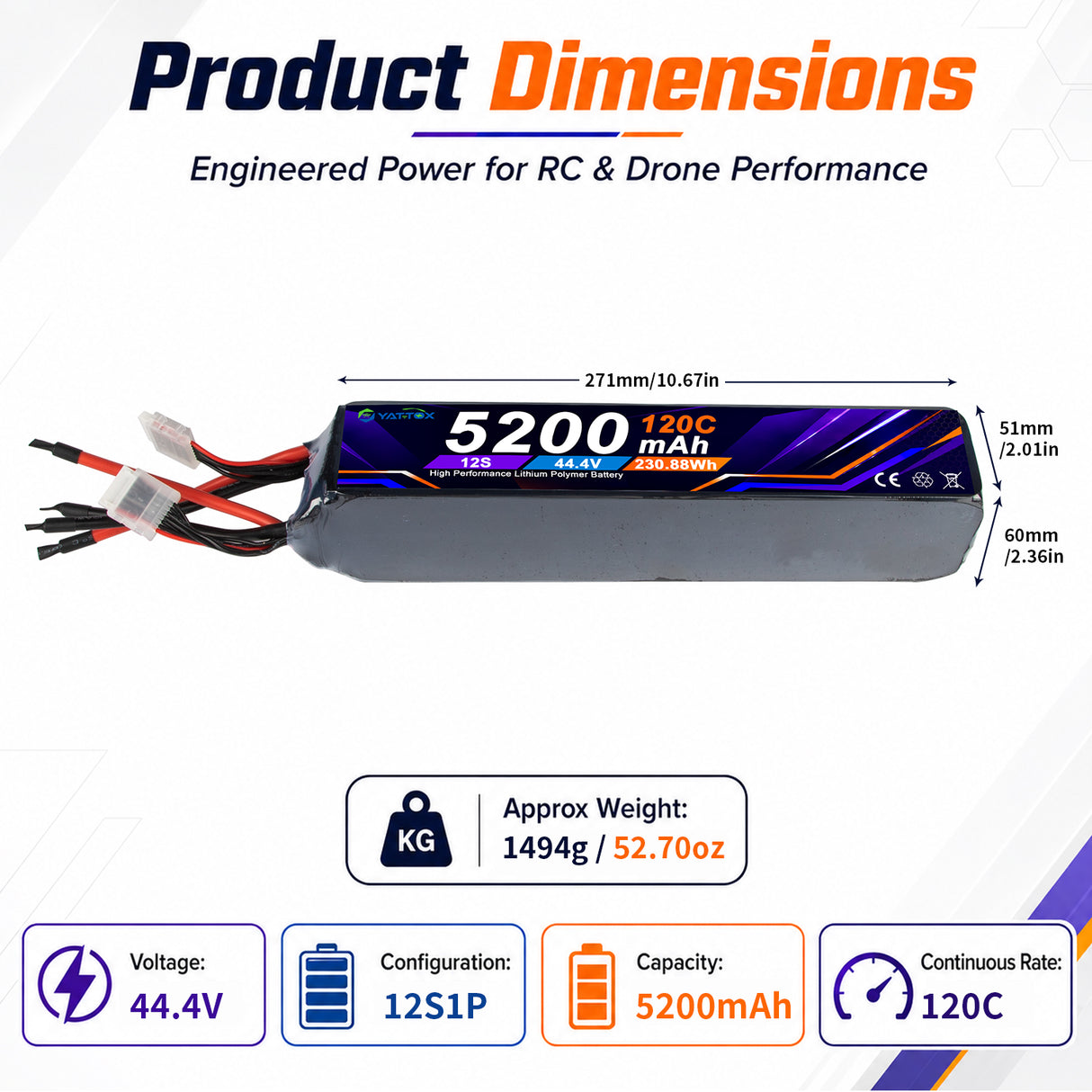 Yattox 12S 5200mAh 120C Lipo Battery
