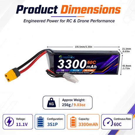 Yattox 3S 3300mAh 60C Lipo Battery With XT60/EC5 100% LCO
