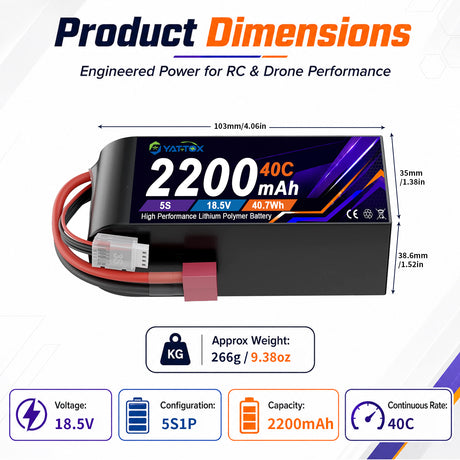 Yattox 5S 2200mAh 18.5V 40C With XT60/EC3 100% LCO LiPo Battery