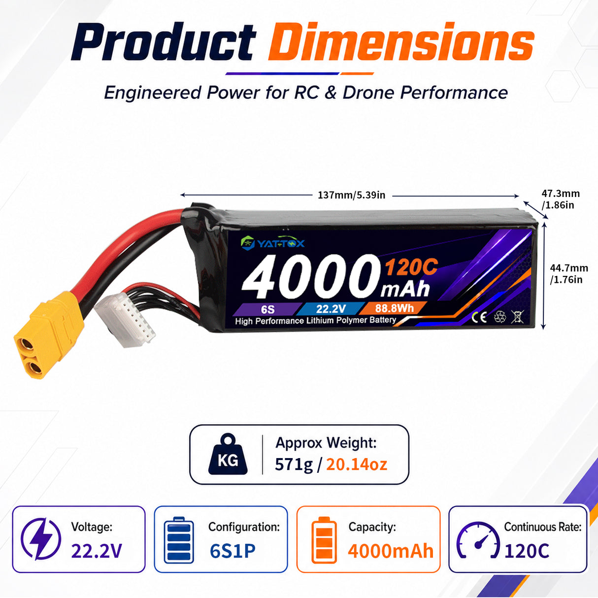 Yattox 6S 4000mAh 120C 100%LCO Lipo Battery