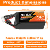 Yattox  4S 850mAh 70C 100% LCO Lipo Battery with XT60/XT30