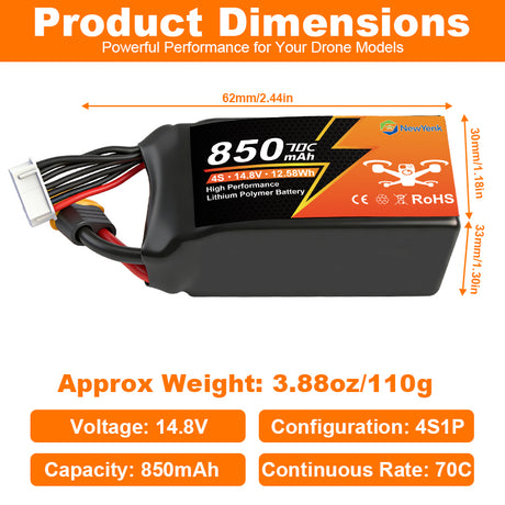 Yattox  4S 850mAh 70C 100% LCO Lipo Battery with XT60/XT30