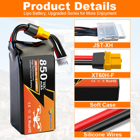 Yattox  3S 850mAh 70C 100% LCO Lipo Battery with XT60/XT30
