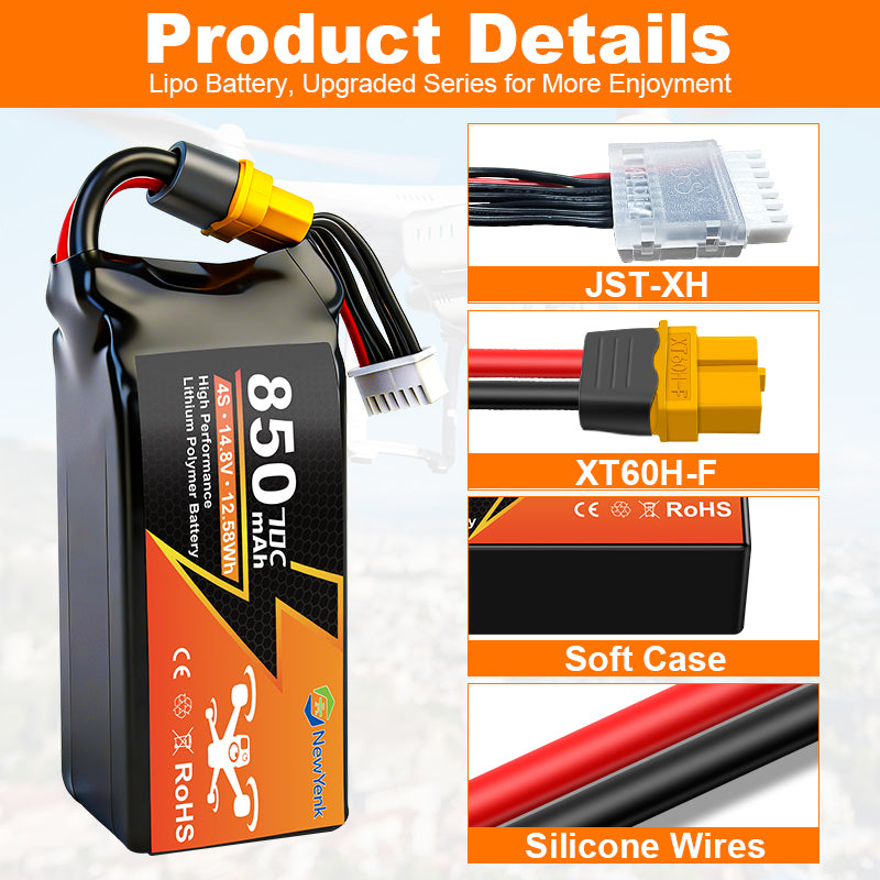 Yattox  4S 850mAh 70C 100% LCO Lipo Battery with XT60/XT30