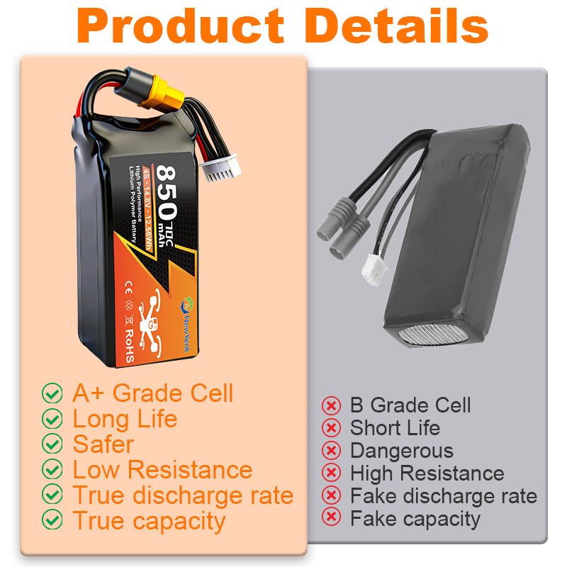 Yattox  4S 850mAh 70C 100% LCO Lipo Battery with XT60/XT30