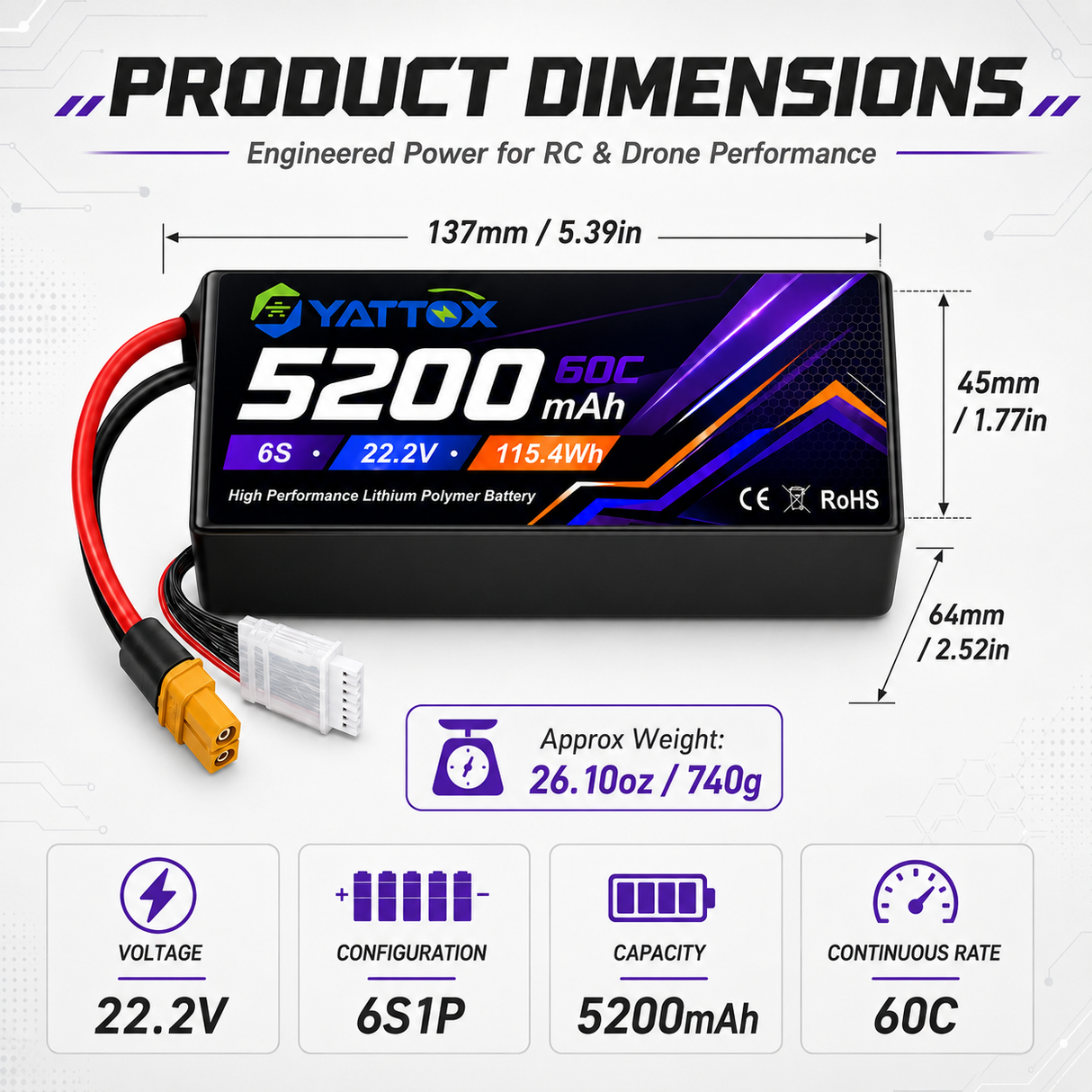 Yattox 4S 5200mAh 60C 100%LCO Lipo Battery