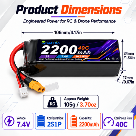 Yattox 2S 2200mAh 7.4V 40C 100%LCO Lipo Battery