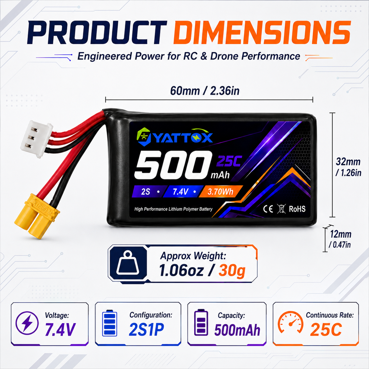 Yattox 2S 500mAh 25C 100%LCO Lipo Battery with XT30U