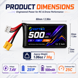 Yattox 2S 500mAh 25C 100%LCO Lipo Battery with XT30U