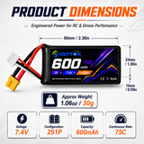Yattox 2S 600mAh 75C 100%LCO with Lipo Battery