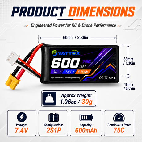 Yattox 2S 600mAh 75C 100%LCO with Lipo Battery