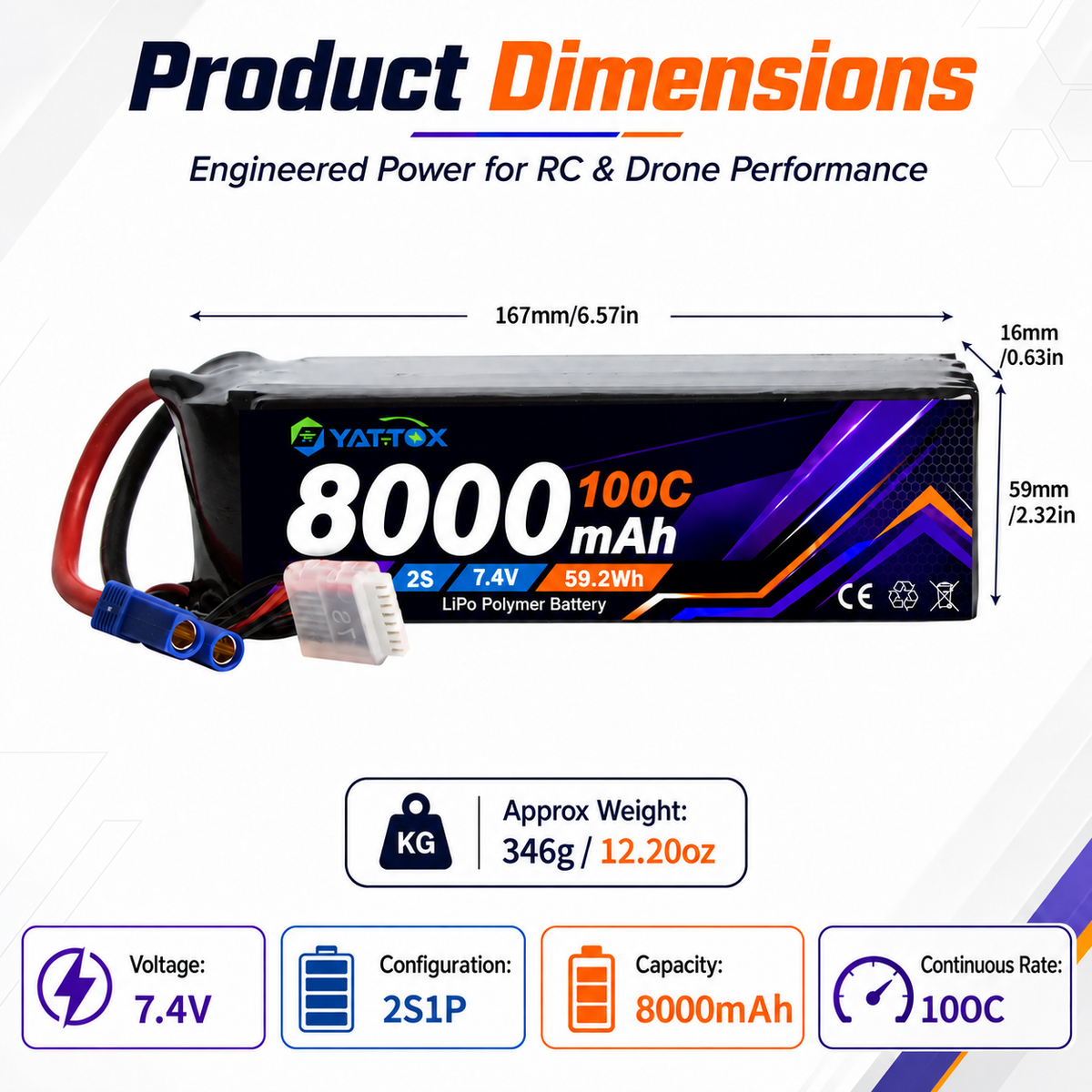 Yattox 2S 8000mAh 100C 100%LCO Lipo Battery