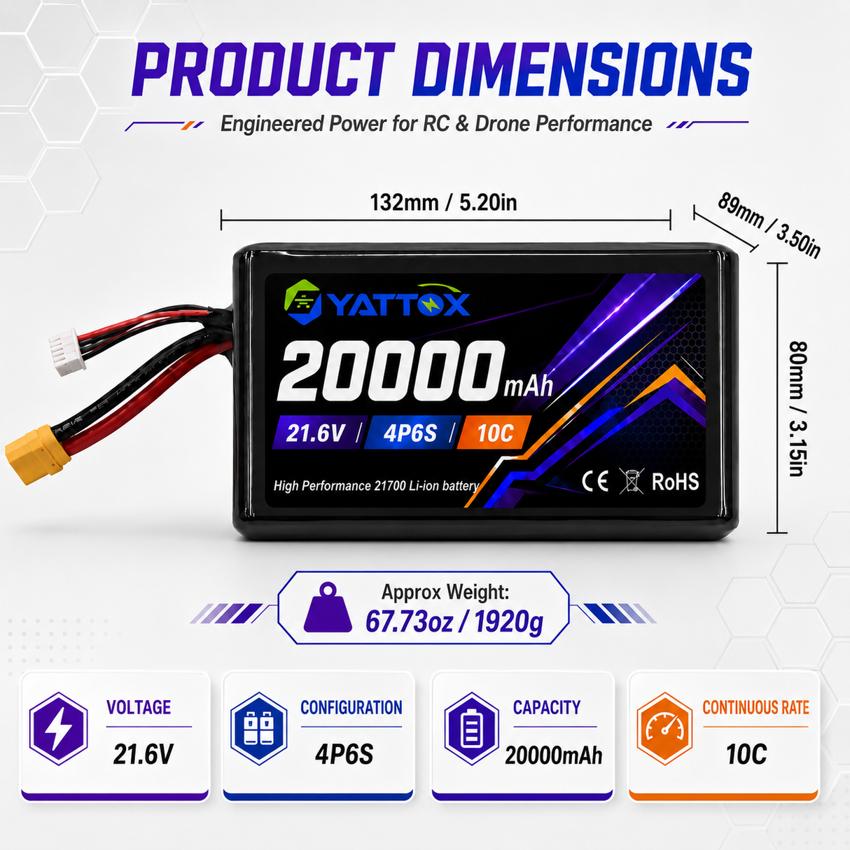 Yattox 6S4P 20000mAh 21.6V 10C 21700 Li-ion Battery