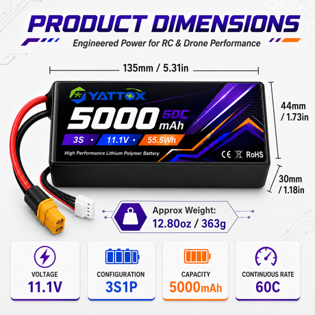 Yattox  3S 5000mAh 11.1V 60C With XT60 Plug 100% LCO LiPo Battery