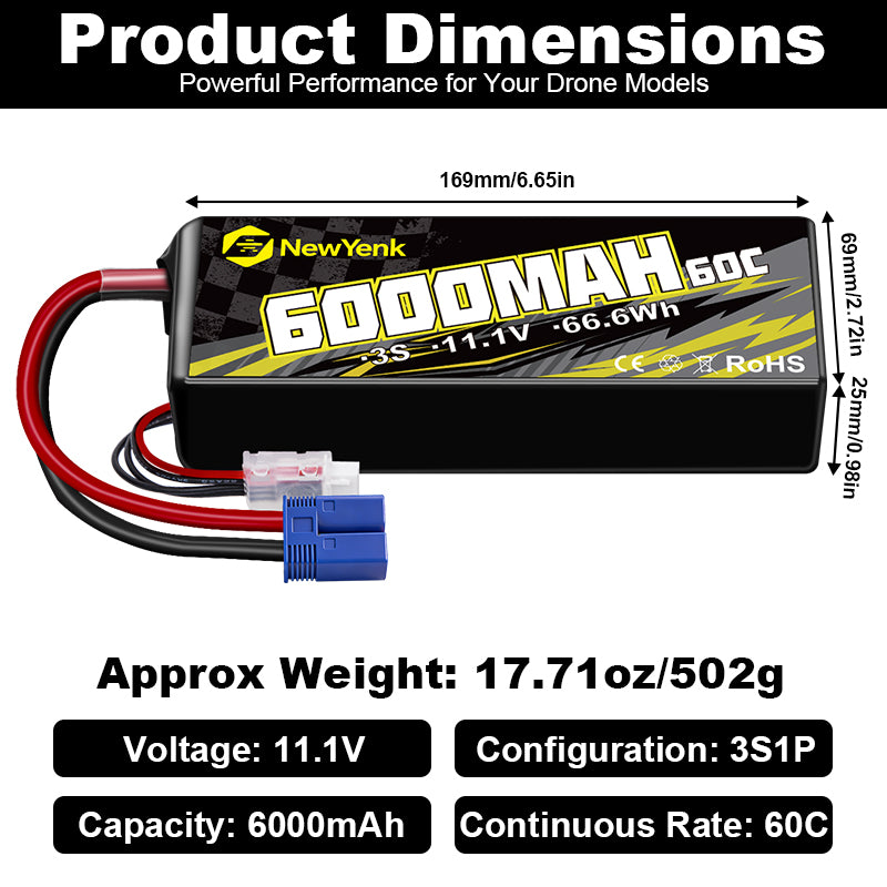 Yattox 3S 6000mAh 60C （Burst 120C）Lipo Battery with EC5  100% LCO Material