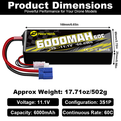 Yattox 3S 6000mAh 60C （Burst 120C）Lipo Battery with EC5  100% LCO Material