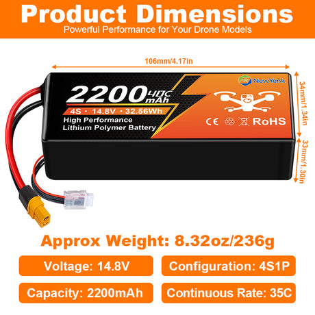 NouvelleYenk 4S 2200mAh 14.8V 35C avec batterie LiPo XT60 – Puissance durable pour drones FPV, quads freestyle et avions RC