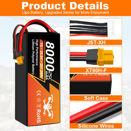 Akumulator LiPo NewYenk 7S 8000mAh 25,9V 25C – ultrapojemny akumulator o długiej żywotności do dronów FPV, fotografii lotniczej i samolotów RC