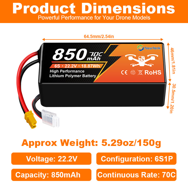 Yattox 6S 850mah 70C 100% LCO Lipo Battery with Xt30/XT60