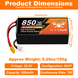 Yattox 6S 850mah 70C 100% LCO Lipo Battery with Xt30/XT60